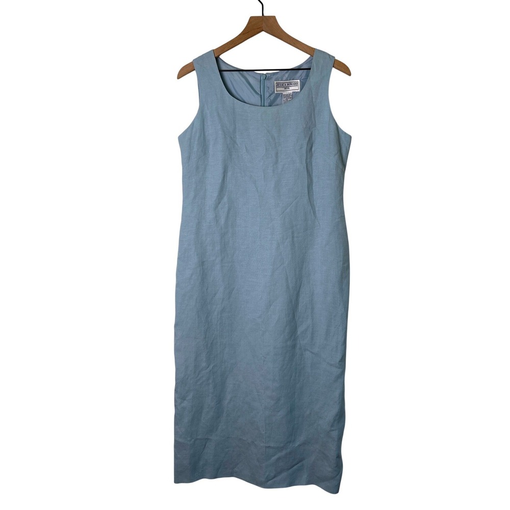 Jessica Howard Womens Linen Blend Sleeveless Midi Sheath Dress Size 10P Blue